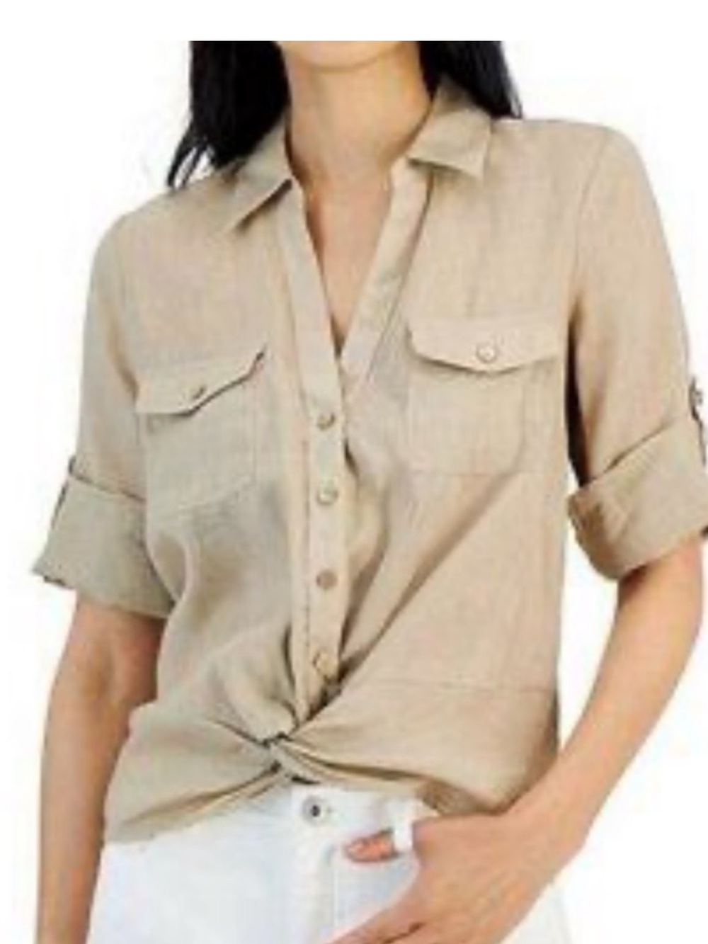 INC International Concepts LINEN  Beige Button-Front Knot Detail Shirt Size S